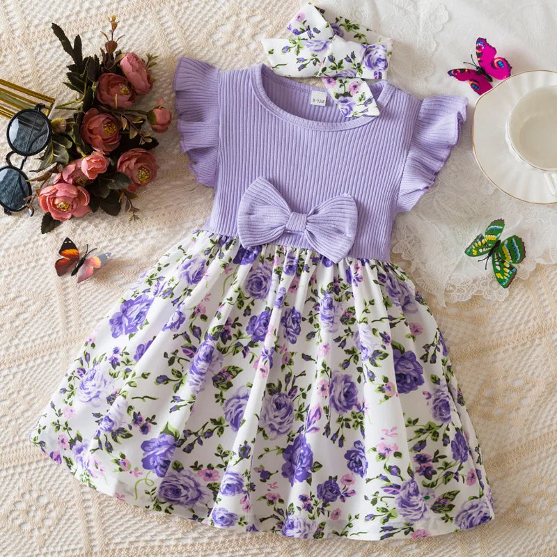 "Baby Girls Summer Floral Print Dress – Toddler Flying Sleeves Birthday Dress, 0-3Y, European American Style"