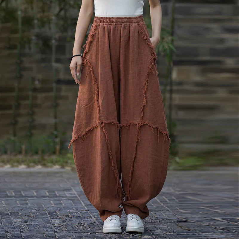 "Women's High-Quality Cotton Linen Harem Pants – Vintage Loose Fit, Elastic Waist Casual Trousers"