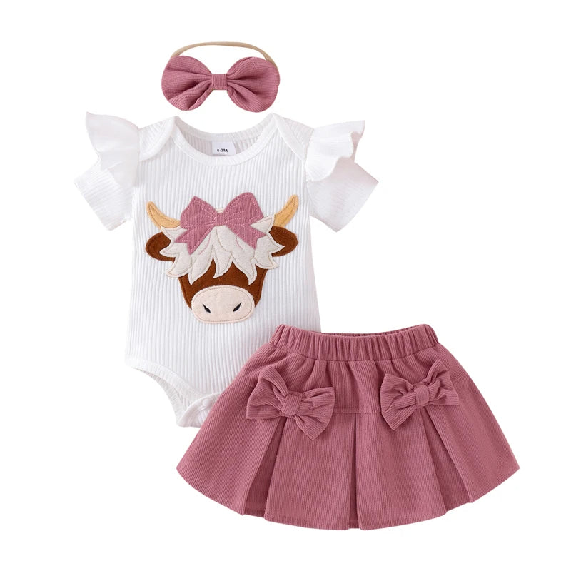 "Adorable Toddler Girl 3-Piece Summer Outfit – Sleeveless Floral Romper, Ruffle Skirt & Bow Headband Set"