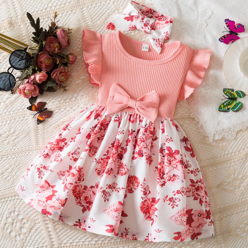 "Baby Girls Summer Floral Print Dress – Toddler Flying Sleeves Birthday Dress, 0-3Y, European American Style"