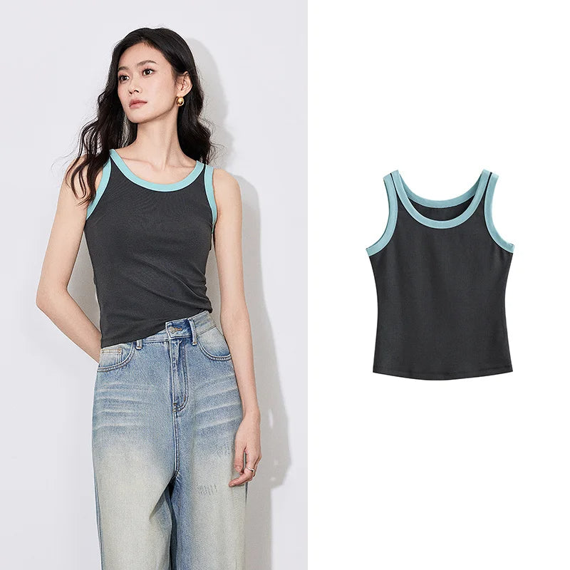 "TOYOUTH Women’s Tank Top – 2025 Spring Slim Fit, Color Contrast Sleeveless Vest"