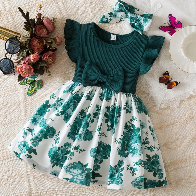 "Baby Girls Summer Floral Print Dress – Toddler Flying Sleeves Birthday Dress, 0-3Y, European American Style"